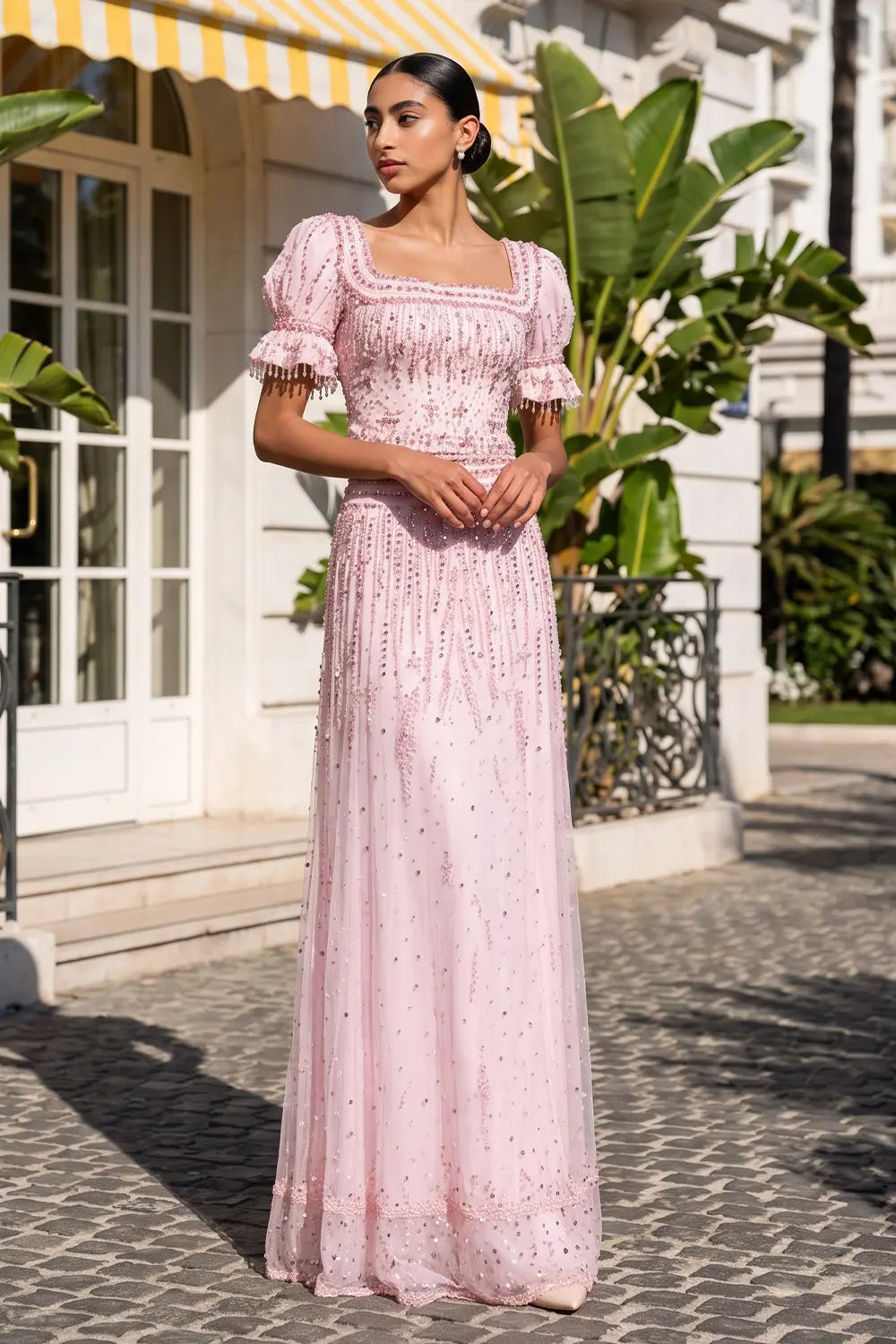 Elegant Sequin Pink Puff Sleeve Two-Piece Evening Dress SS548