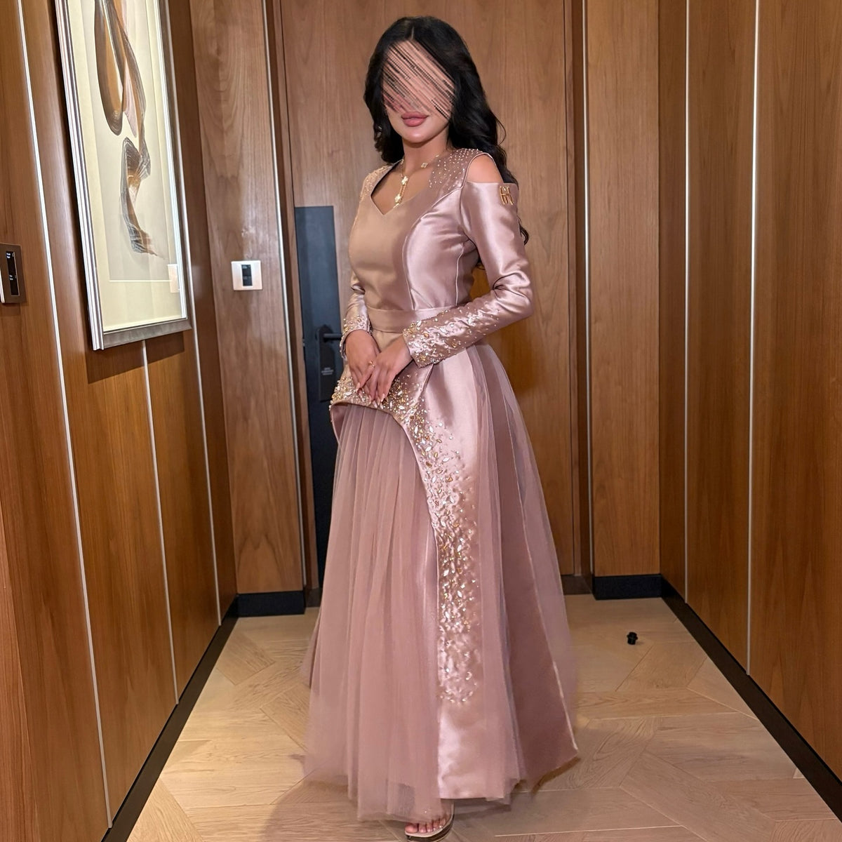 Elegant Pink Crystal Long Sleeve Evening Dress with Overskirt XD021 