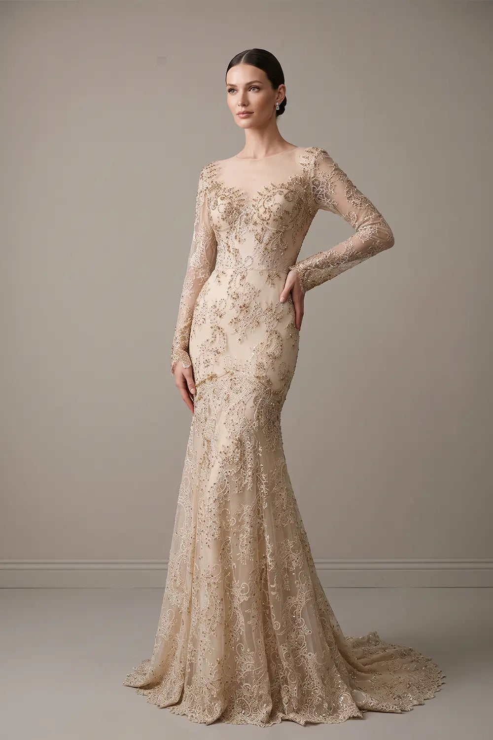 White Lace Long Sleeve Mermaid Wedding Dress SW122