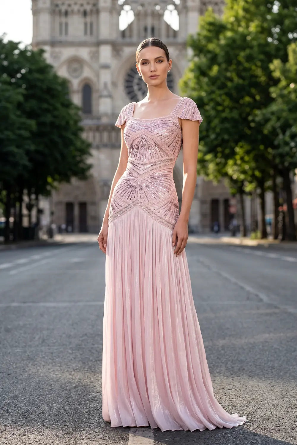 Rust Red Sequin Evening Gown Pleated Dress SS325