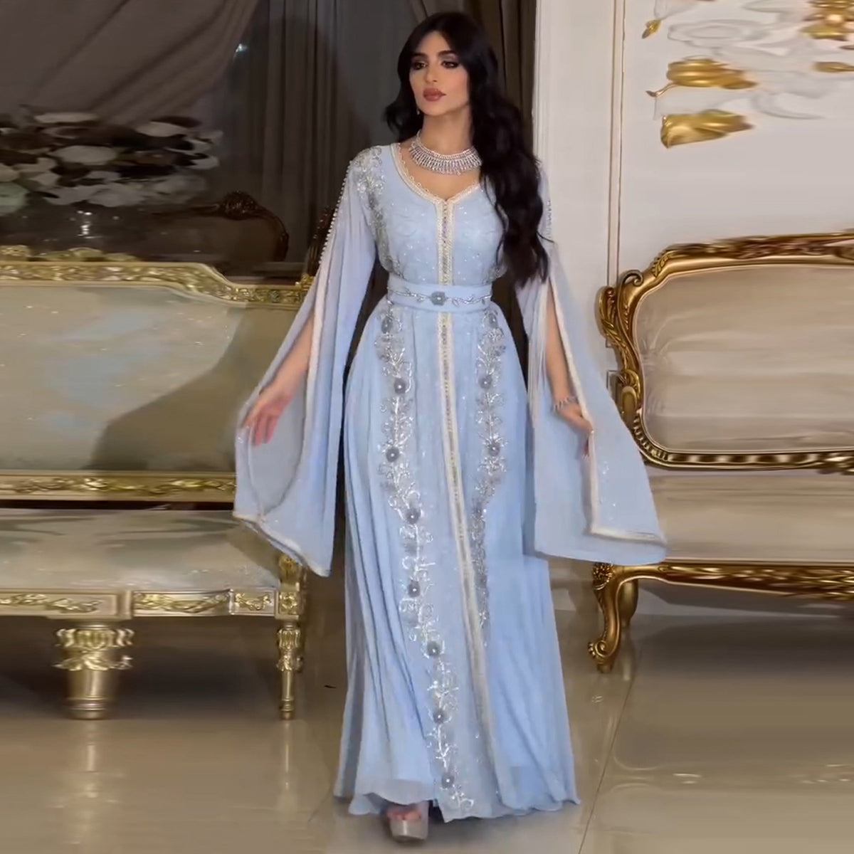 Sharon Said Luxury Dubai Moroccan Kaftan Blue Evening Dresses for Women Wedding Party Elegant Long Sleeve Muslim Arabic Formal Dress SS404