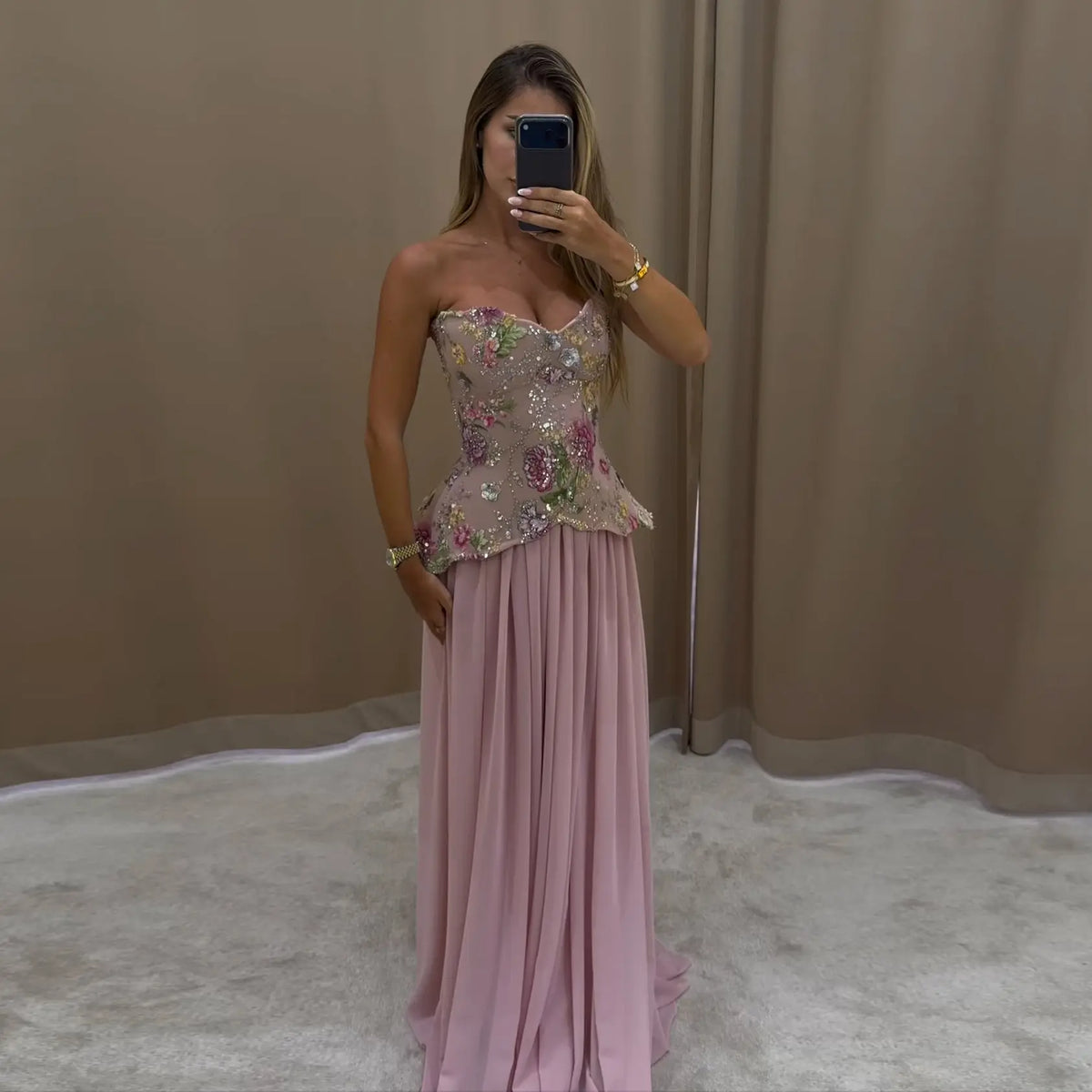 Chic Pink Floral Embellished Peplum Chiffon Evening Dress with Scarf SS480 