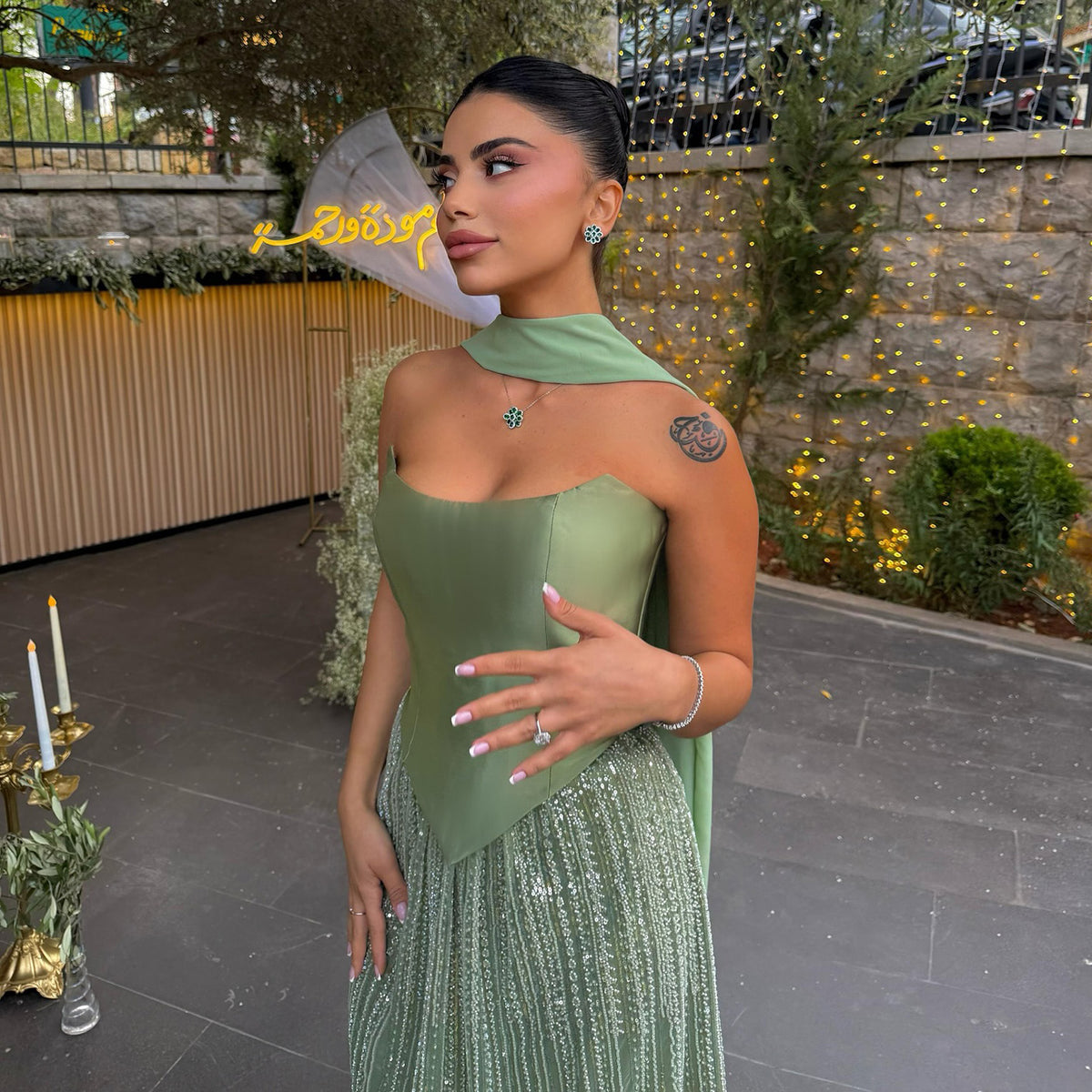 Luxury Off Shoulder Cape Sleeve Evening Dress with Scarf SS639 