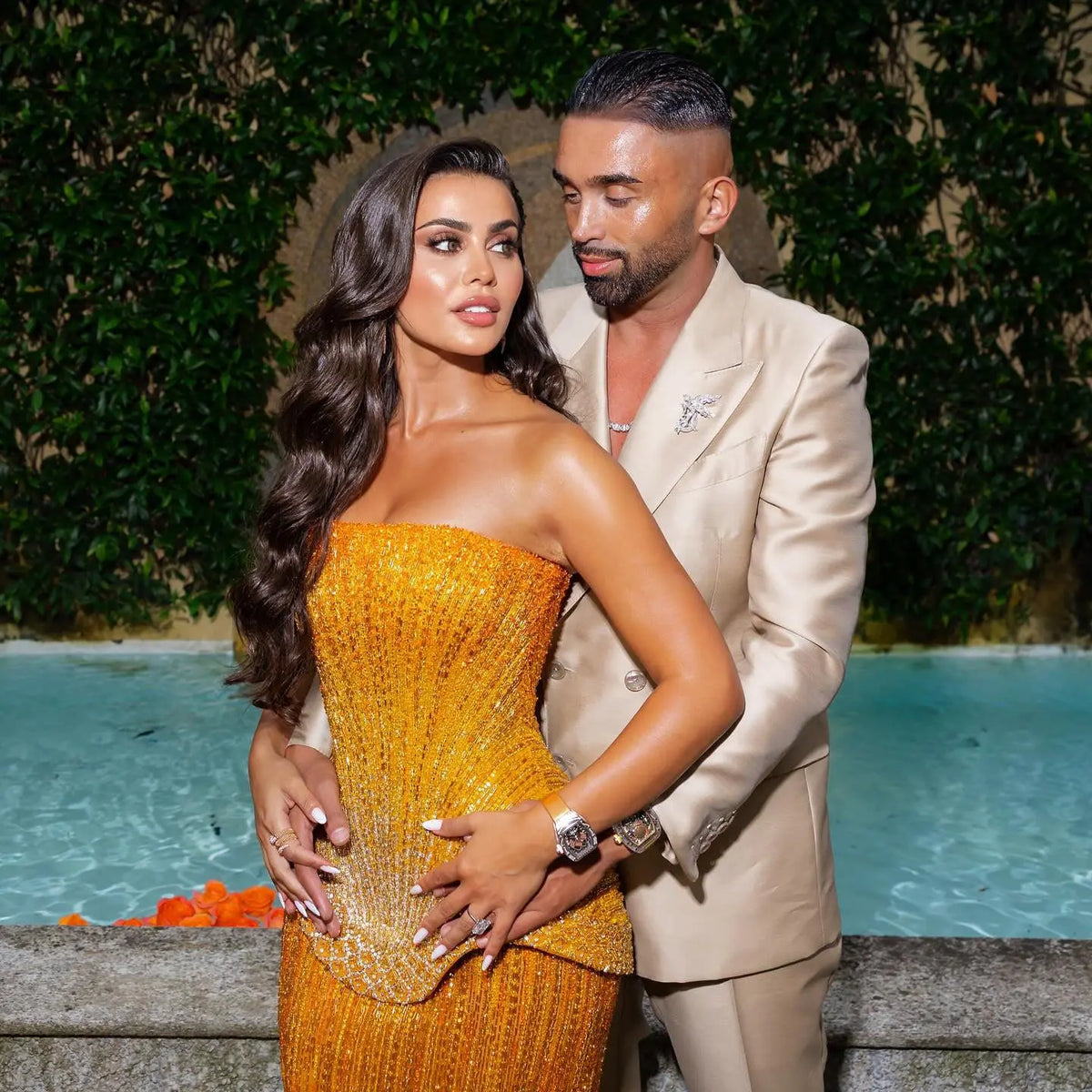 Glamorous Orange Sequin Strapless Peplum Evening Dress with Scarf SS560 