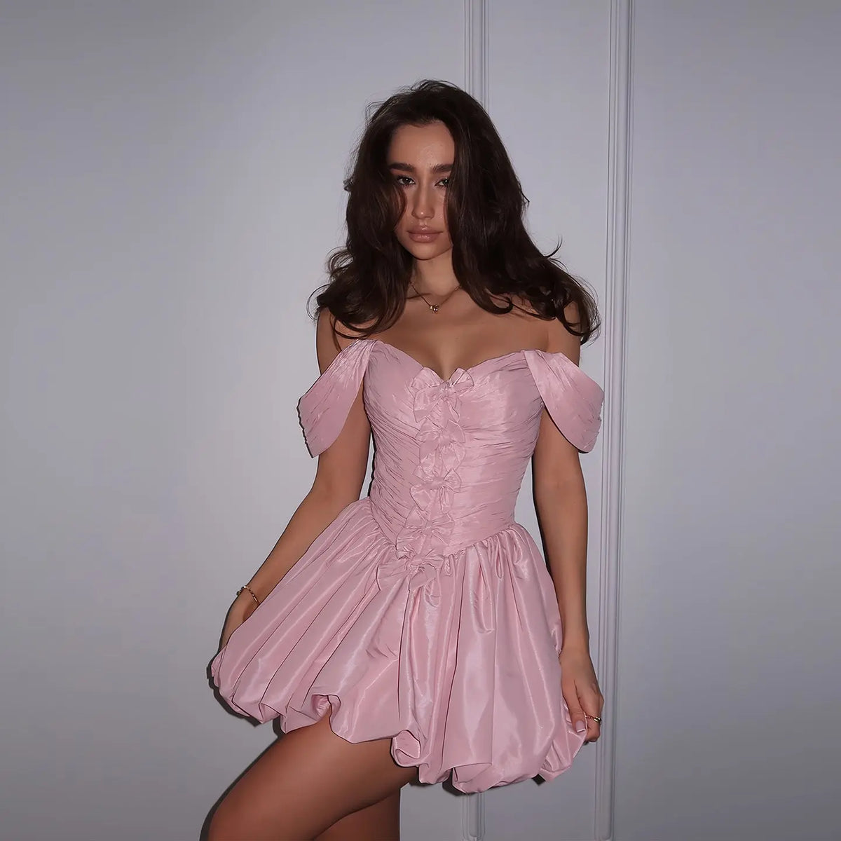 pink puffy short dress A New Day Women's Puff Sleeve Cut Out Bubble A-Line wearing size S Hand wash up to 86oF Softly In Bloom Strapless Mini