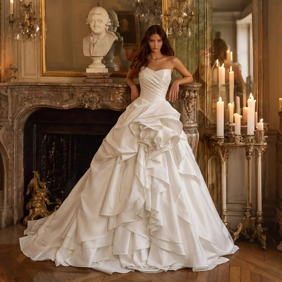 White Ruched Tiered Satin Wedding Dress SW628