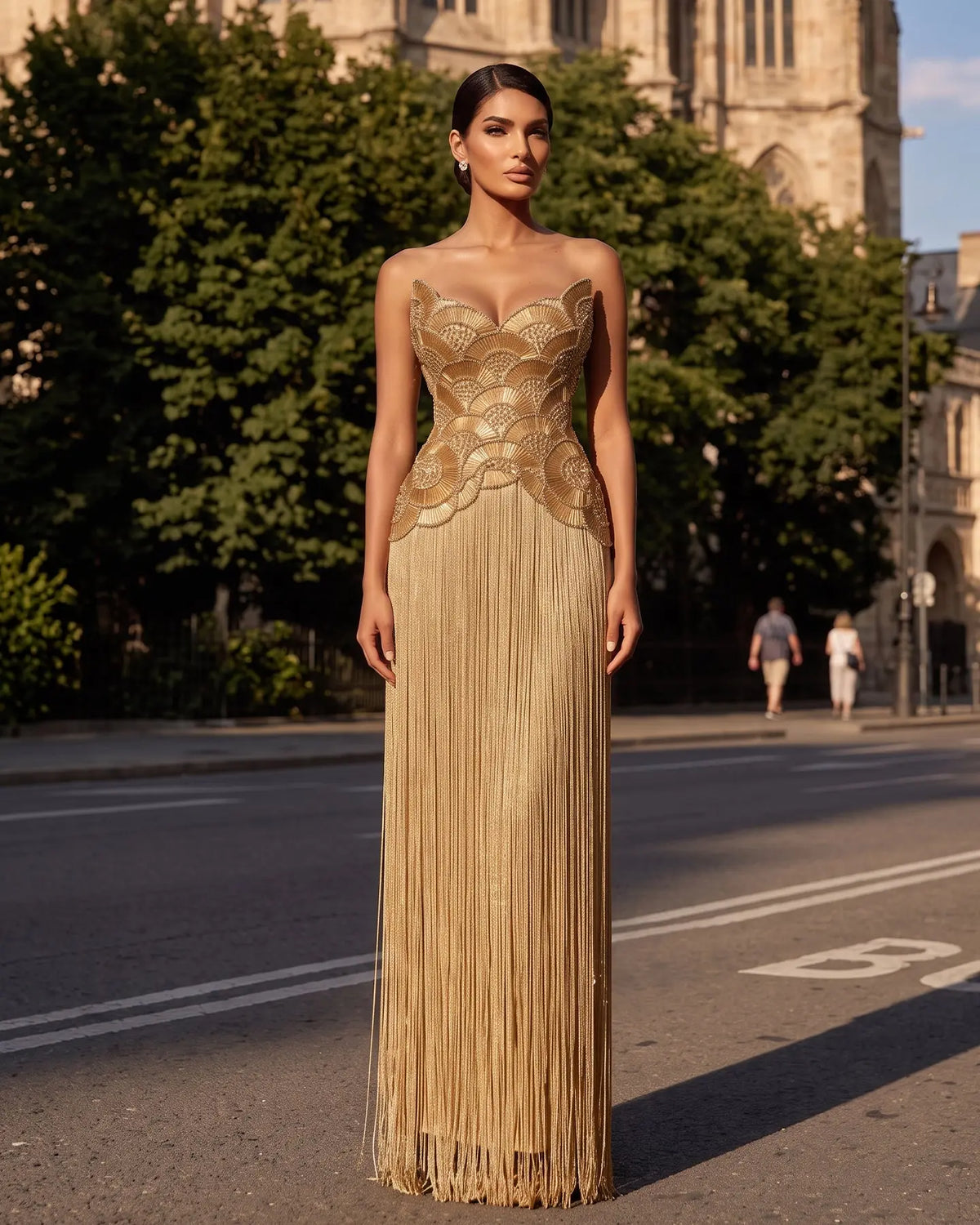 Metallic Gold Beaded Pleated Evening Dress SS336