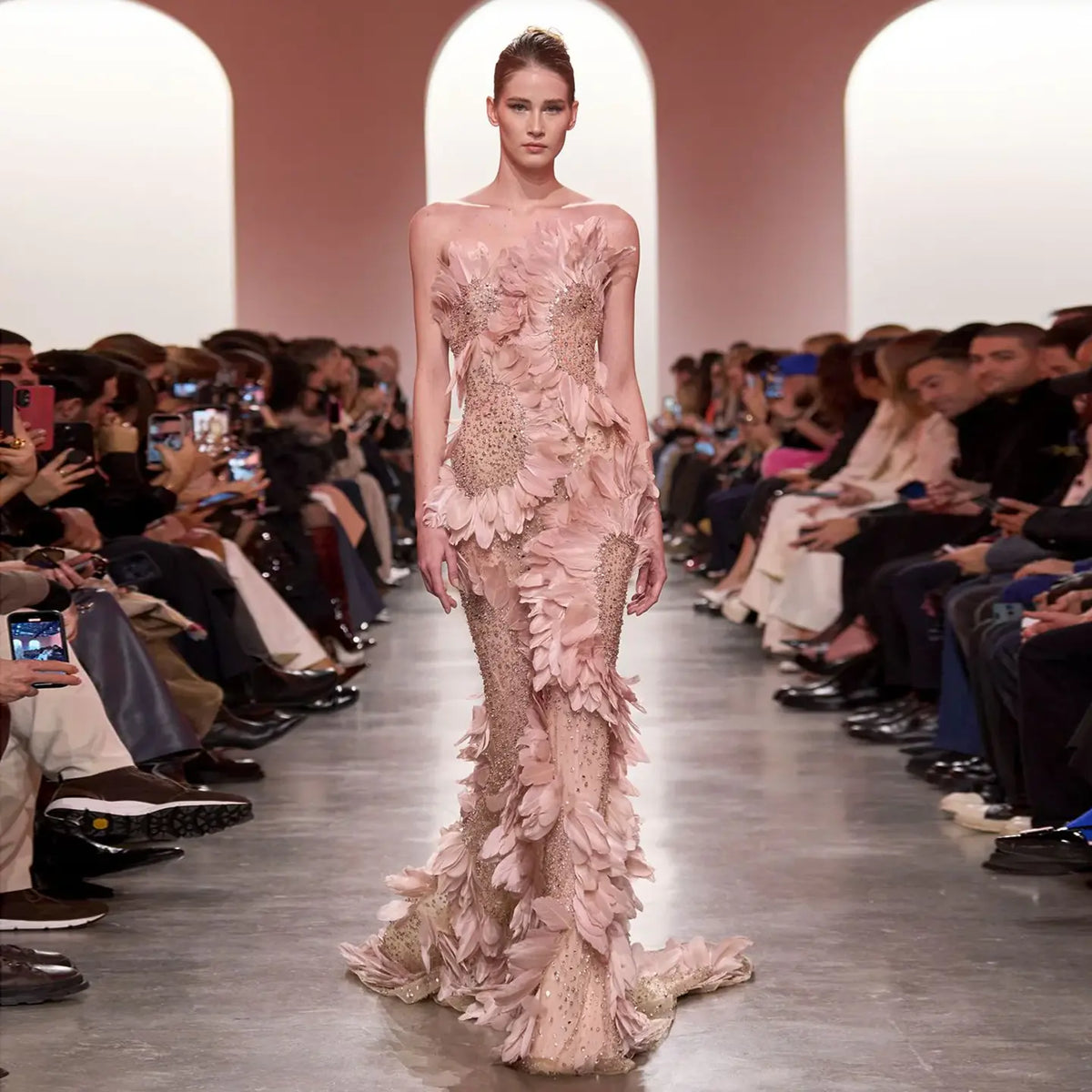 Luxury Pink Off-the-Shoulder Feather Applique Mermaid Evening Dress SS258 