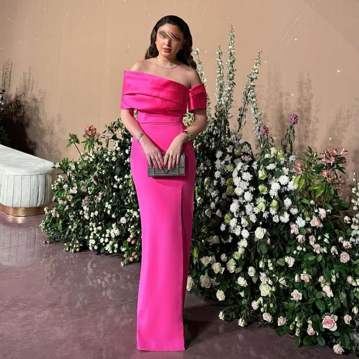 Elegant Fuchsia Off Shoulder Evening Dress SF108