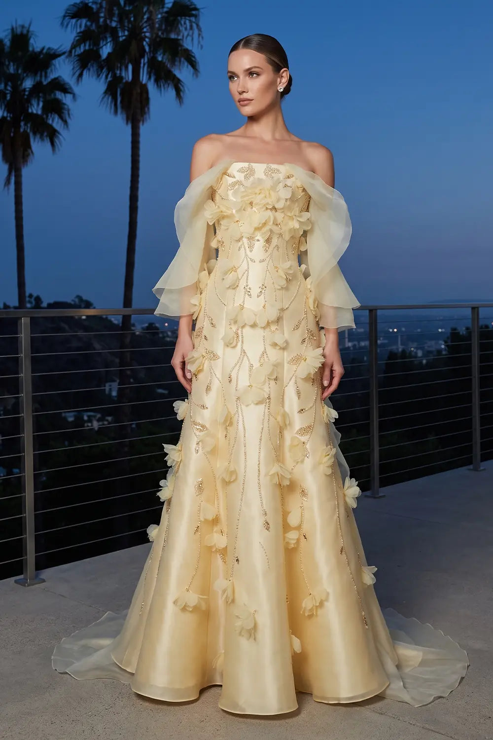 Yellow Off Shoulder 3D Floral Evening Dress SS505
