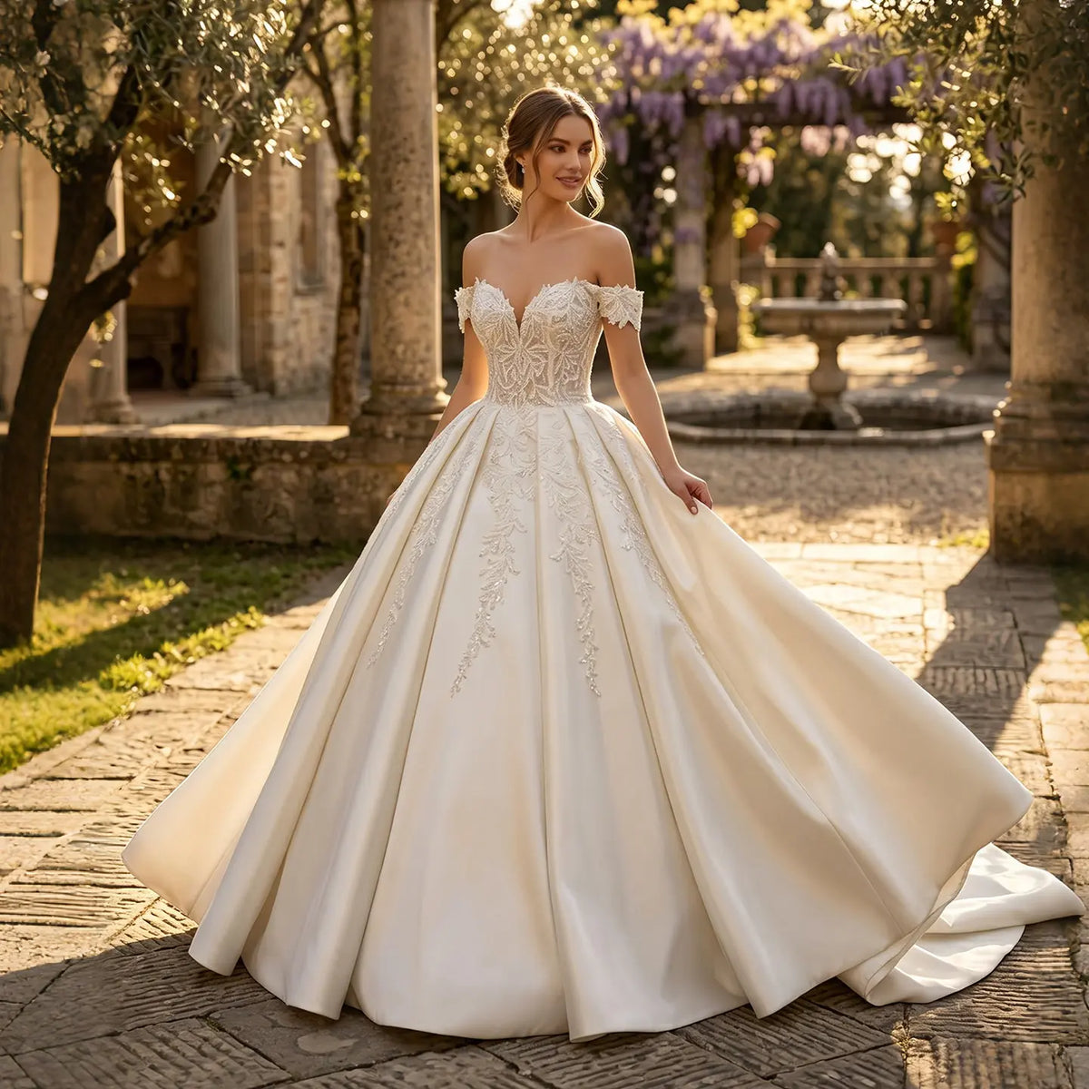 Luxury Off-the-Shoulder Lace Satin Ball Gown Wedding Dress SW701