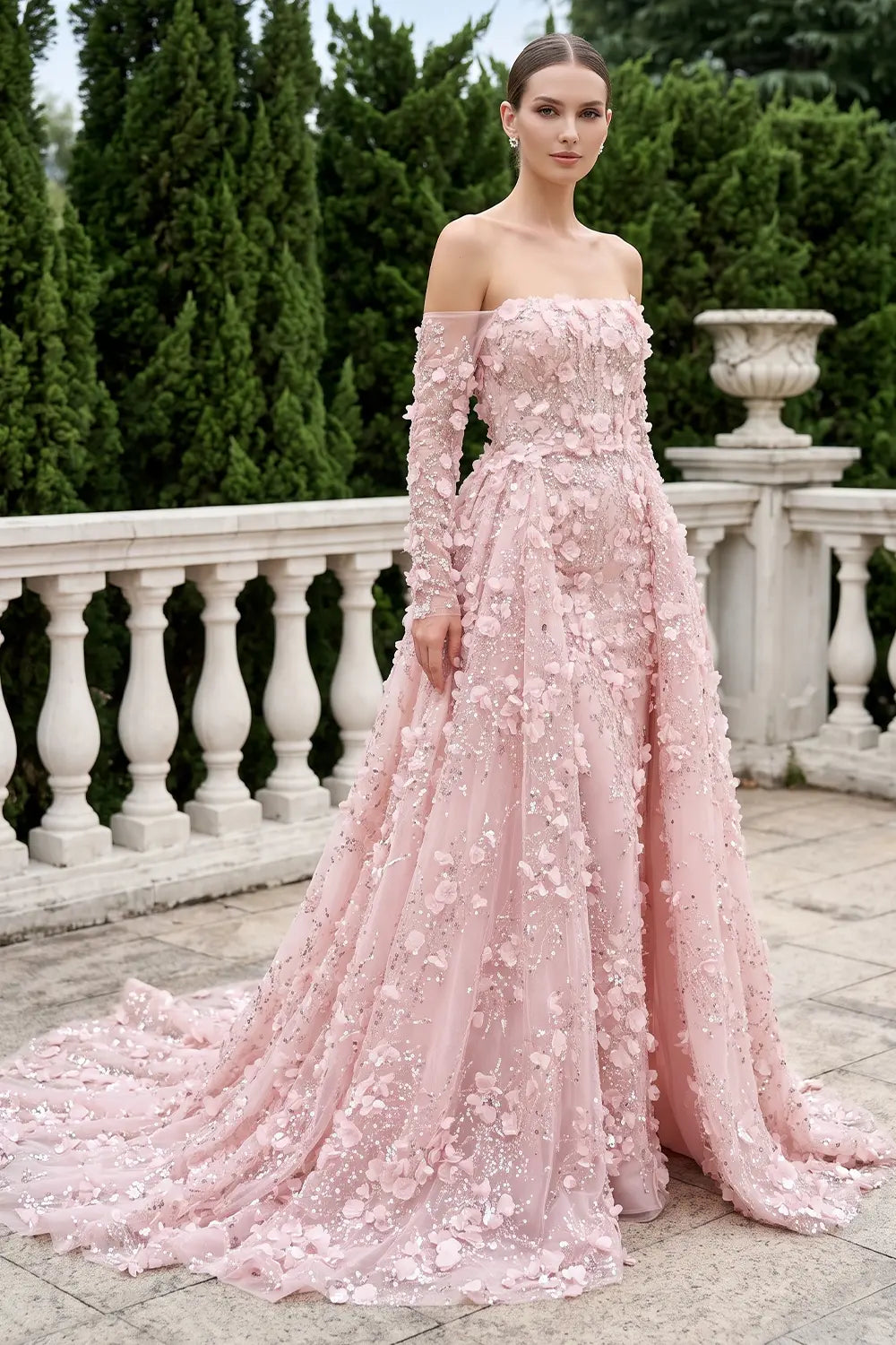 Elegant 3D Flowers Pink Evening Dress with Overskirt SS352
