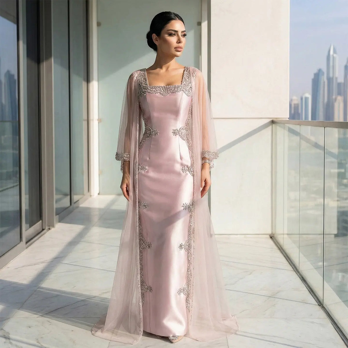 Luxury Pink Beaded Crystal Cape Satin Fitted Evening Dress SS326 