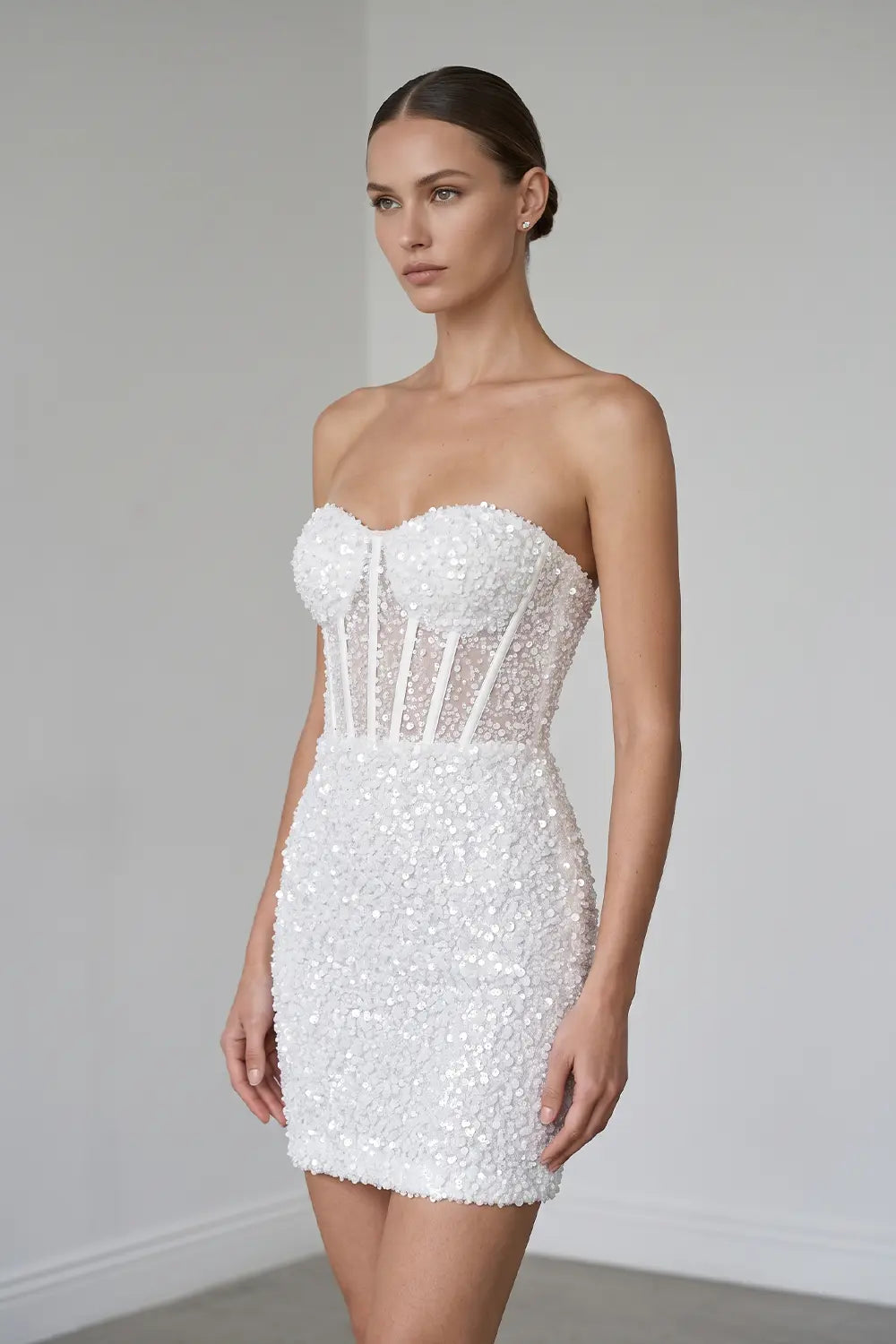 White Pearl Strapless Short Wedding Dress SW520