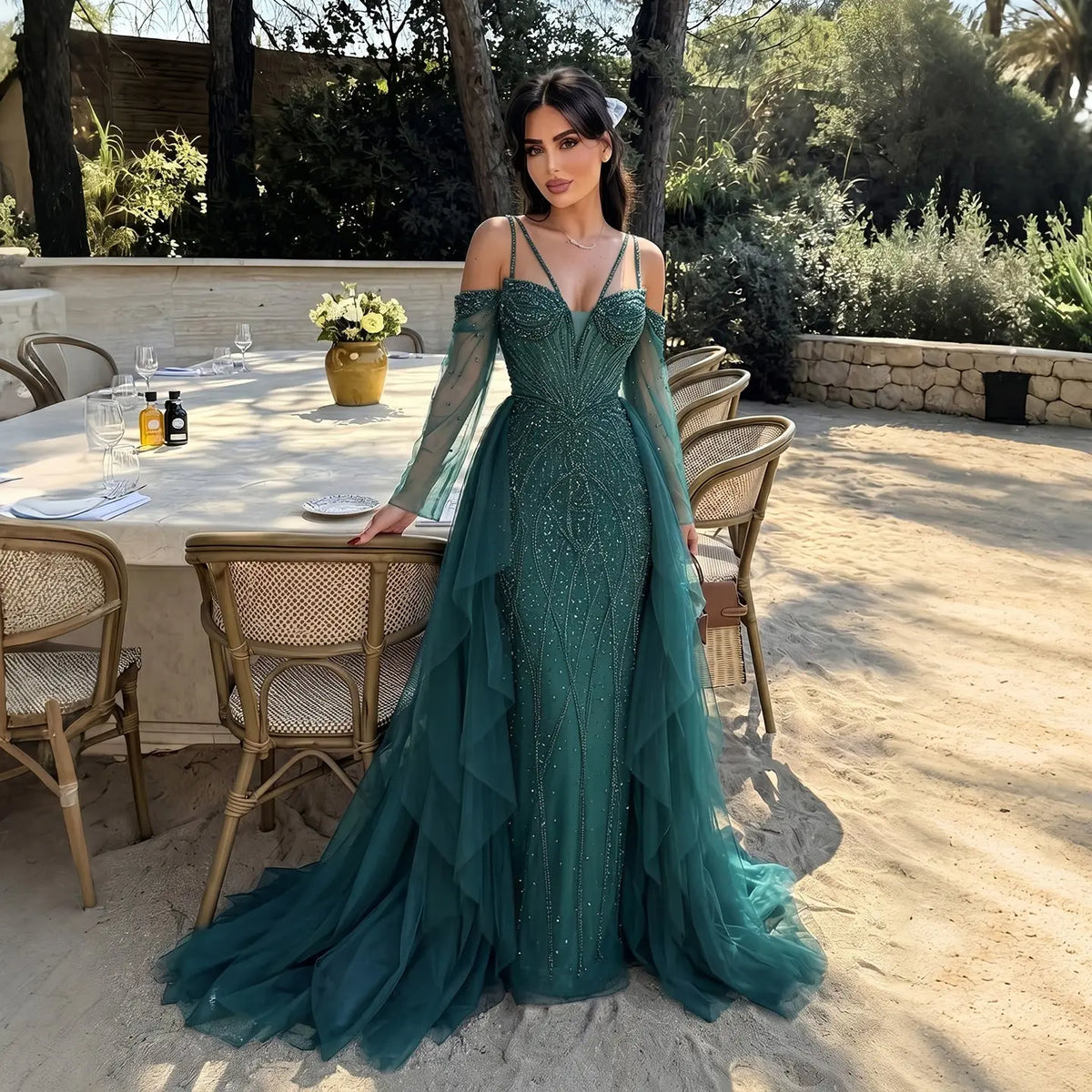 Luxury Teal Off-Shoulder Beaded Evening Dress with Sheer Tulle Sleeves SS123