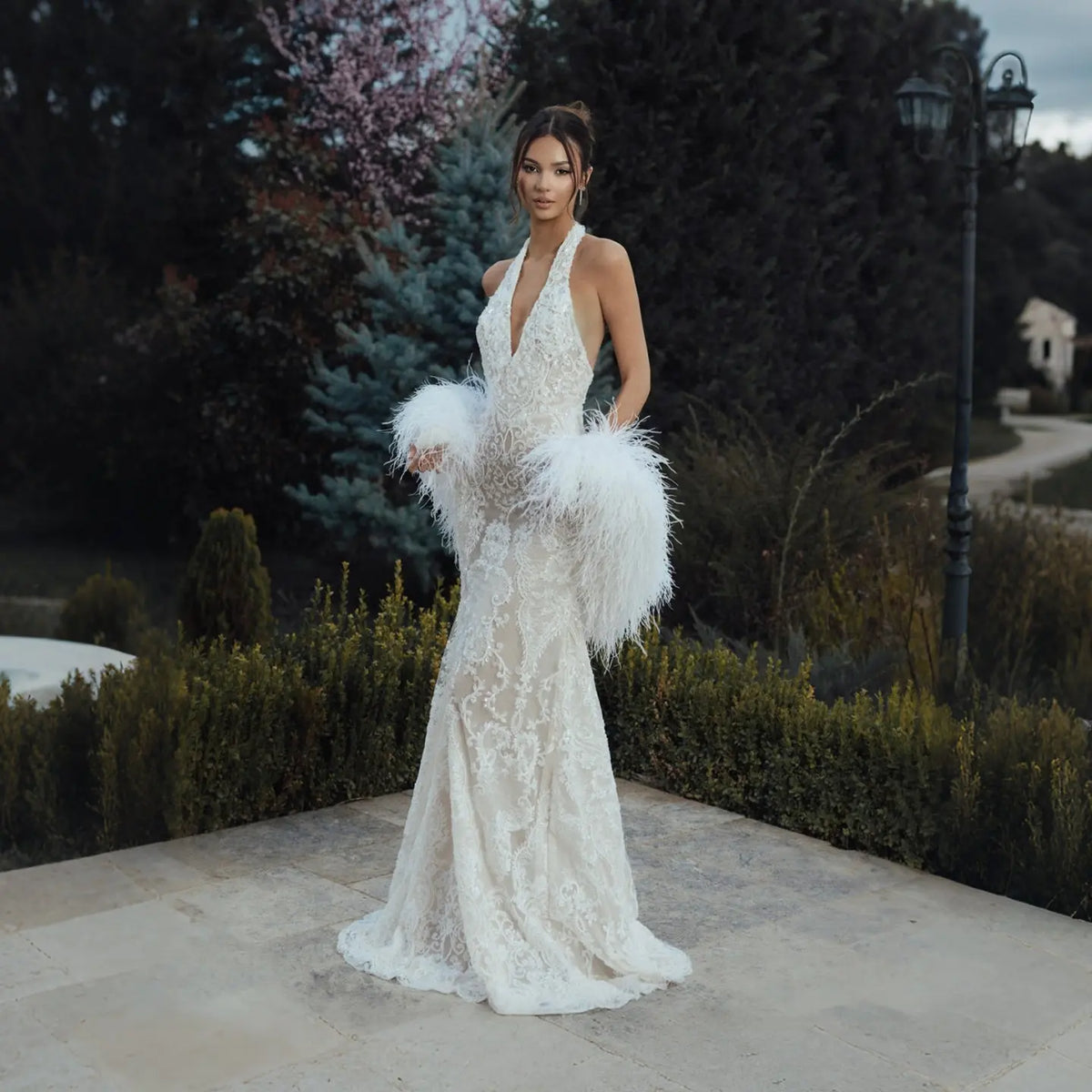 White Halter Backless Lace Mermaid Wedding Dress with Feather Shawl SW133