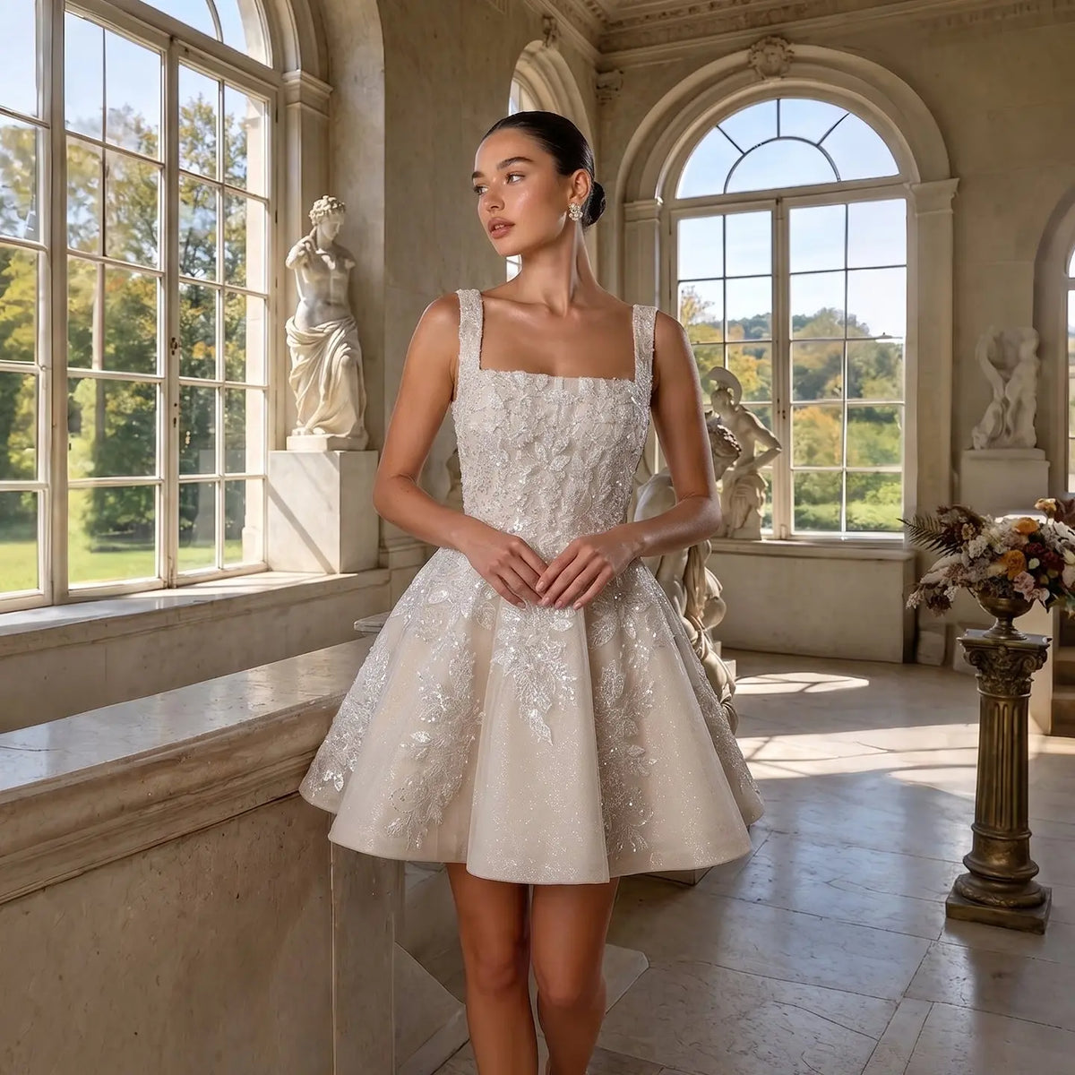 Romantic Champagne Sleeveless A-Line Short Wedding Dress with Deep V Back SW725