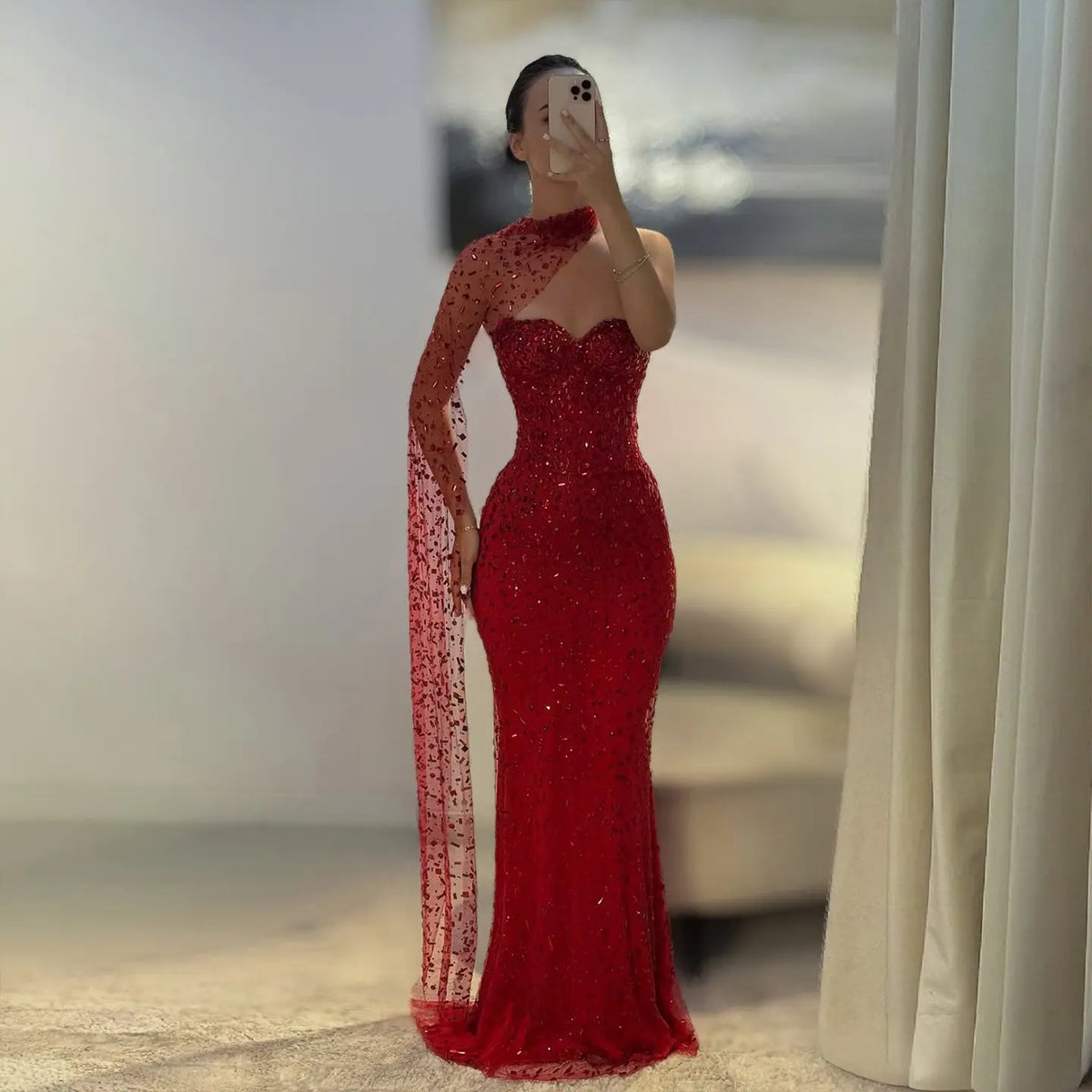 Glamorous Red Sheer Mesh Crystal Beaded Mermaid Evening Dress with Cape SS711