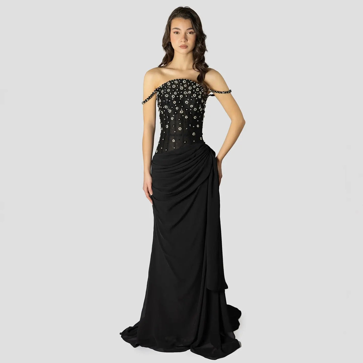 Luxury Black Beaded Corset Ruched Mermaid Evening Dress SS248 