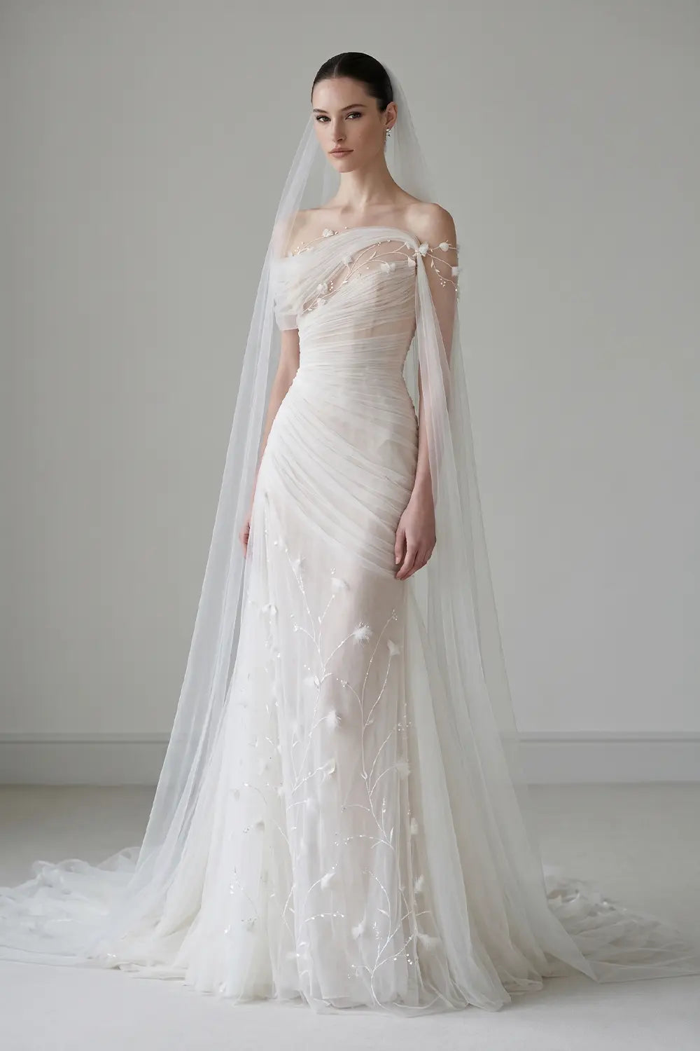 Elegant Off-the-Shoulder Ruched 3D Floral Wedding Dress with Veil SW233