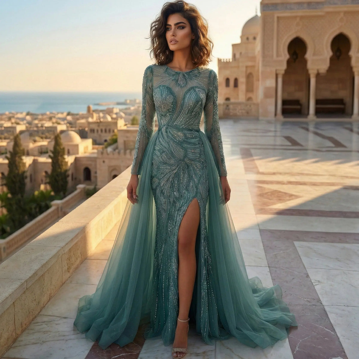Luxury Green Beaded High-Slit Evening Dress with Overskirt SS160 