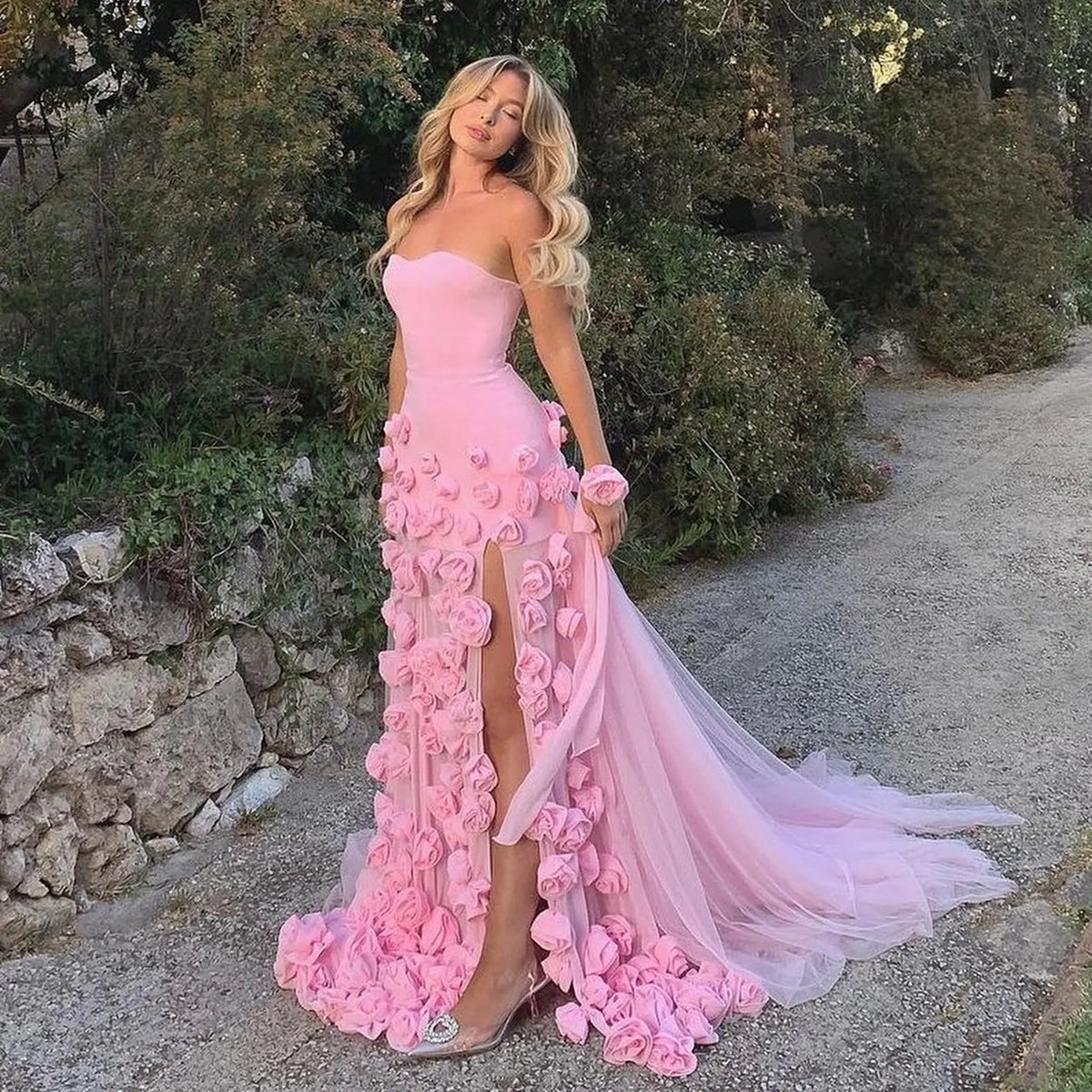 Chic Pink 3D Flowers Strapless Mermaid Evening Dress Side Slit SS207 - SHARONSAID Chic Pink 3D Flowers Strapless Mermaid Evening Dress Side Slit SS207 - SHARONSAID