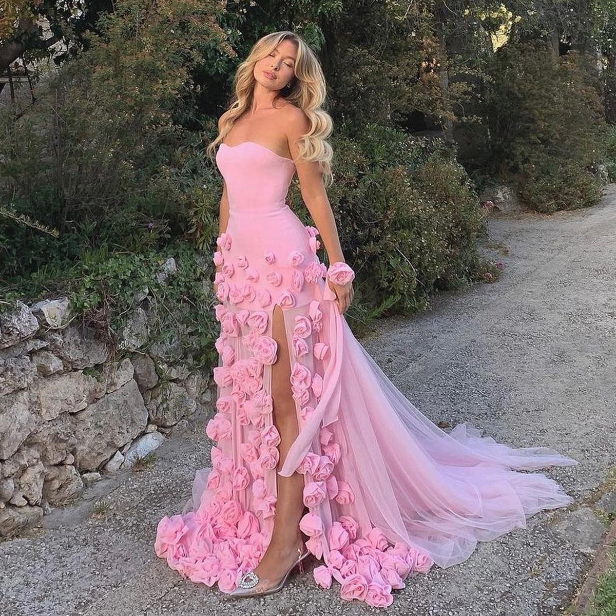 Sharon Said Chic Baby Pink 3D Flowers Mermaid Evening Dress 2024 Elegant Sweetheart Side Slit Sexy Girls Prom Party Gowns SF009