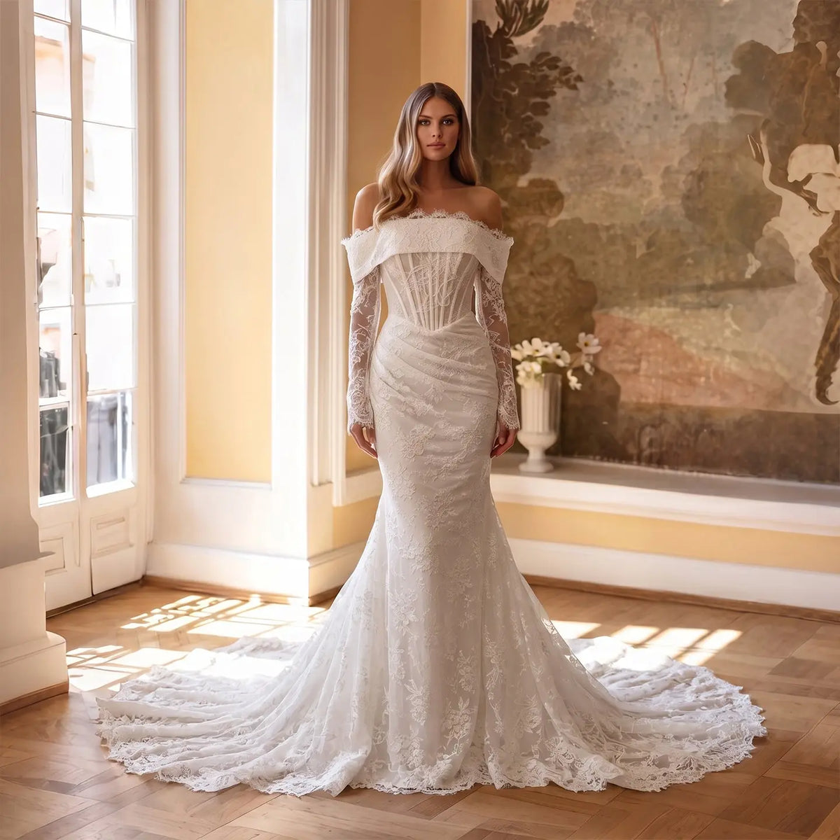 White Long Sleeve Mermaid Cathedral Gown SW674