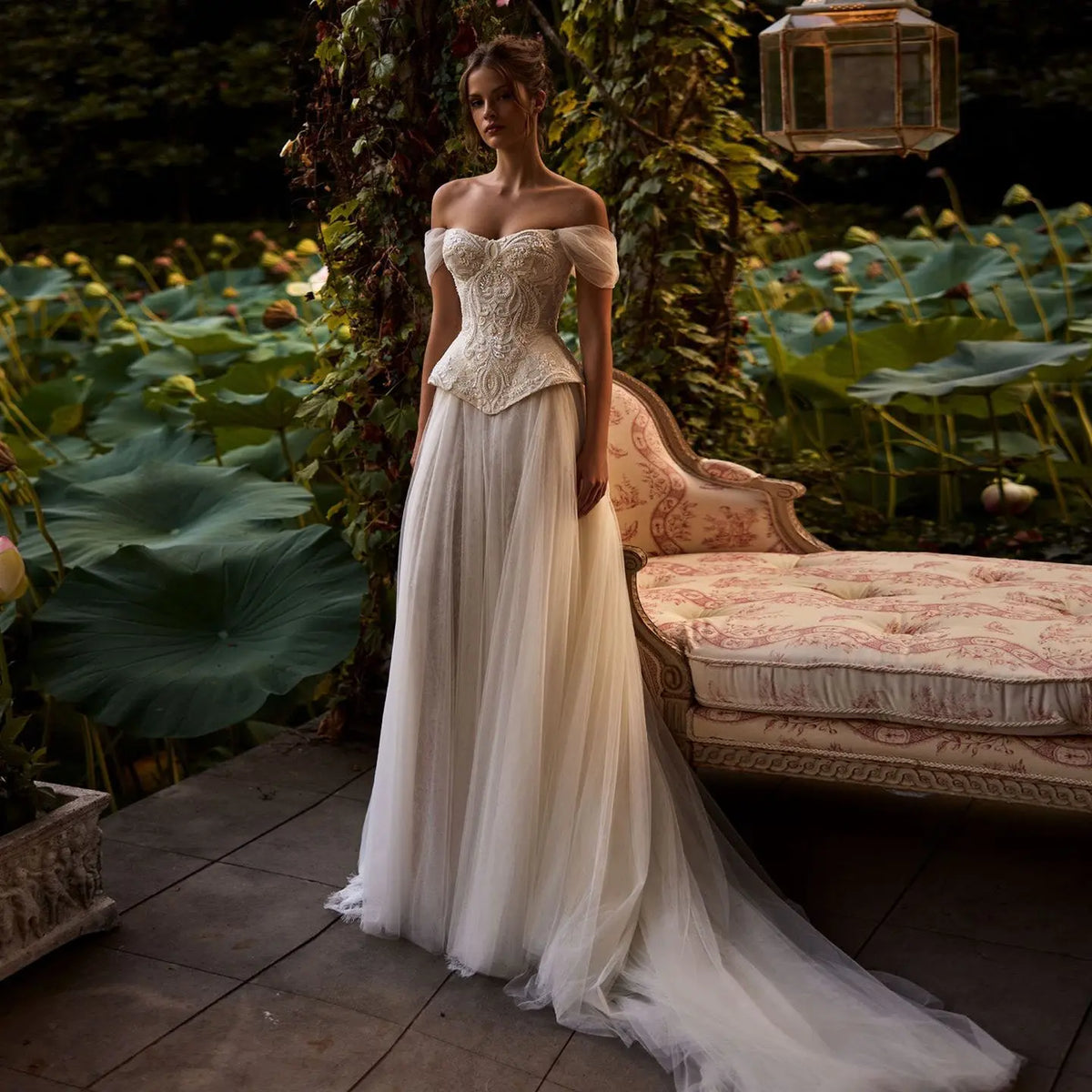 Luxury Off-the-Shoulder Lace Corset Tulle Train Wedding Dress SW126 