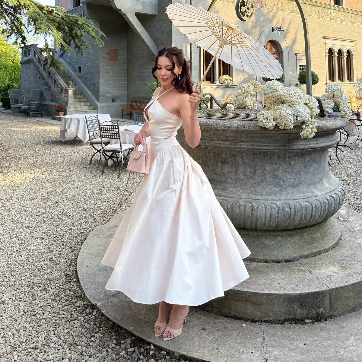 Beige Halterneck Cutout Satin A Line Homecoming Dress RM251 – SHARONSAID