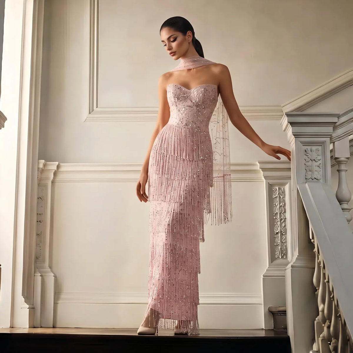 Pink Beaded Sweetheart Sheath Evening Gown SS240