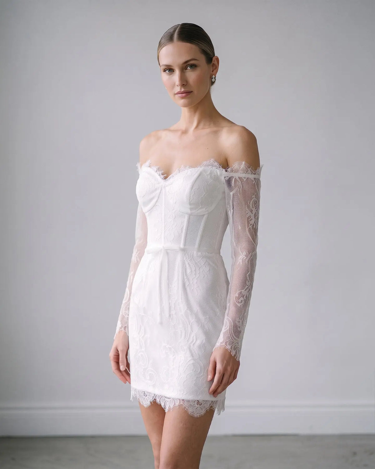 Ivory Lace Long Sleeve Mini Wedding Dress SW170