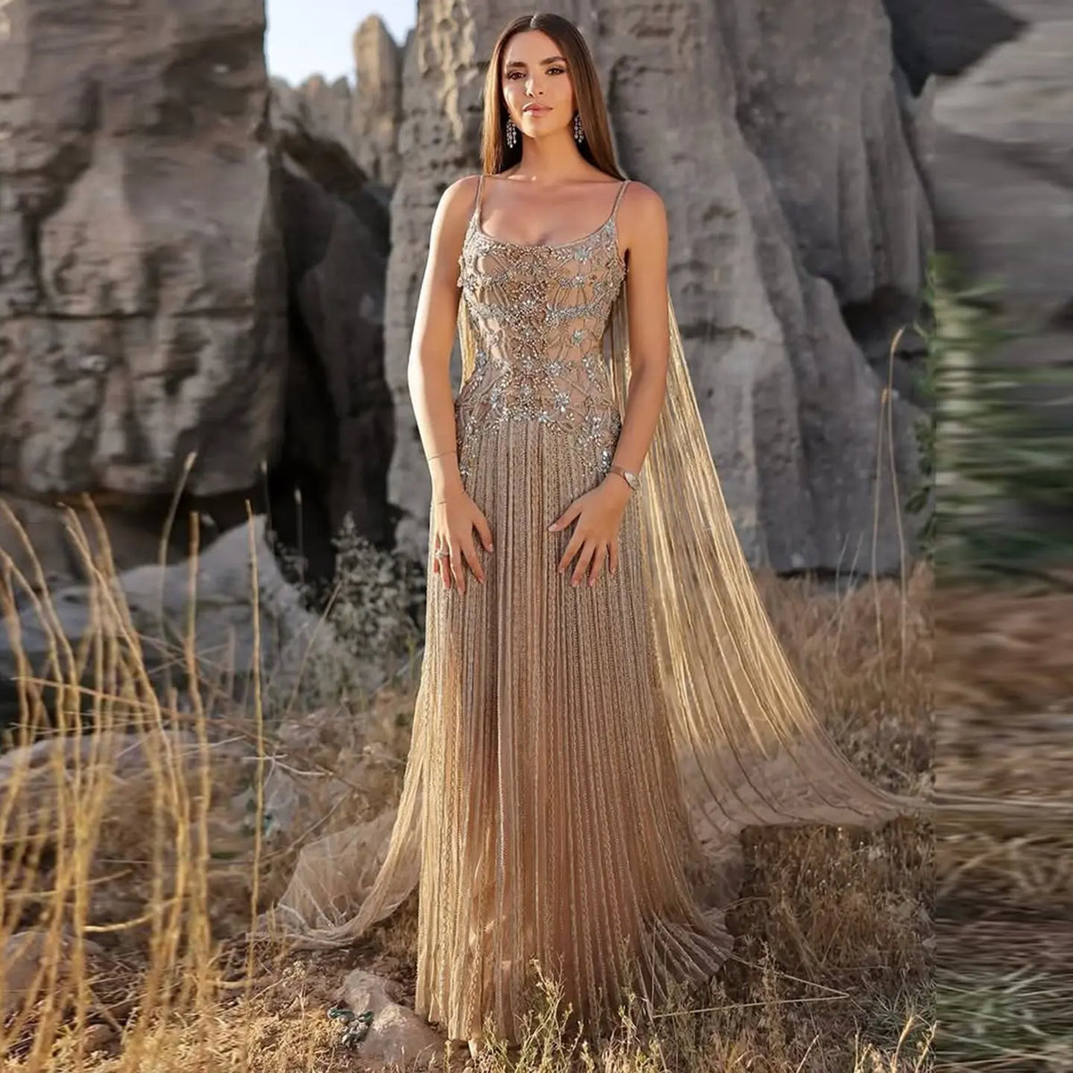 Luxury Champagne Beaded Glitter Sheer Cape Sleeve Mermaid Evening Dress SS538 