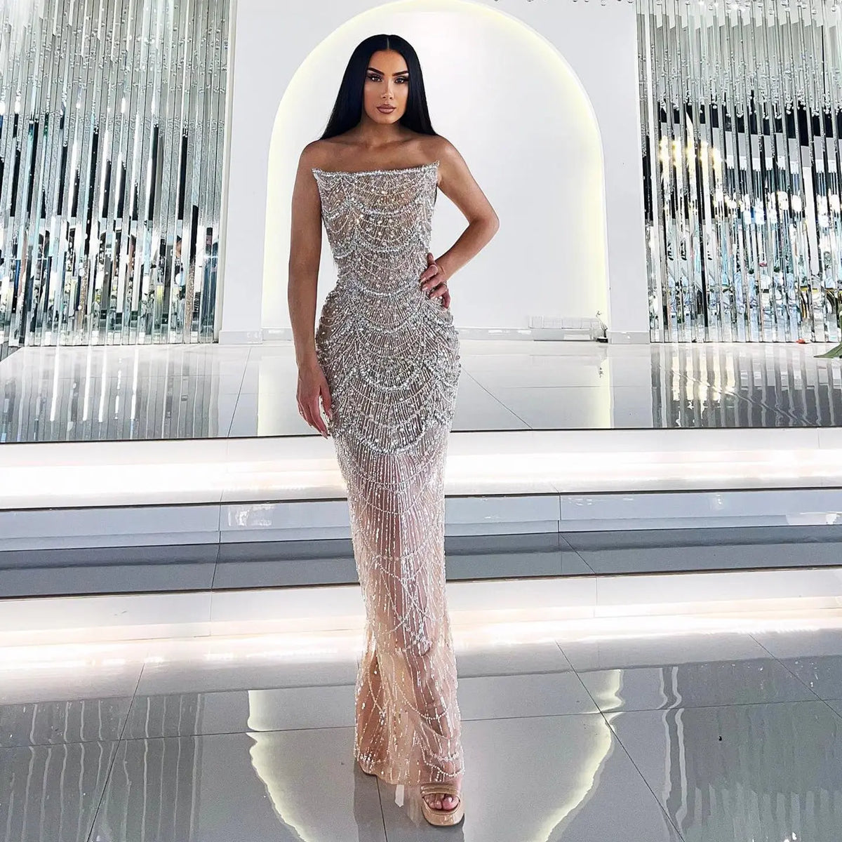 Luxury Pearls Silver Nude Strapless Evening Dress SS681 Luxury Pearls Silver Nude Strapless Evening Dress SS681
