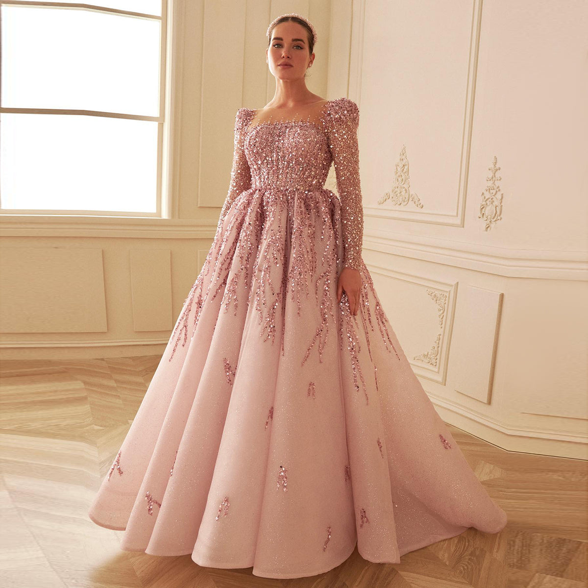 Sharon Said Dusty Pink Long Sleeves Dubai Luxury Evening Dresses for Women Wedding Party Arabic Muslim Formal Prom Gowns SS453