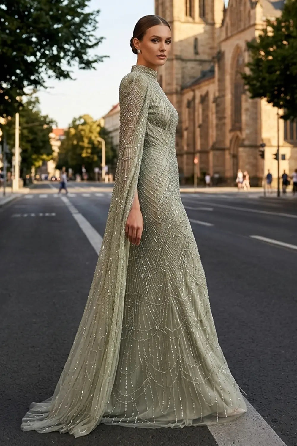 Sage Green Cape Sleeve Evening Dress SS630