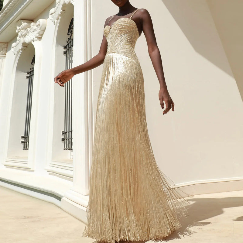 Luxury Yellow Spaghetti Strap Beaded Tassel Mermaid Evening Dress SS522 