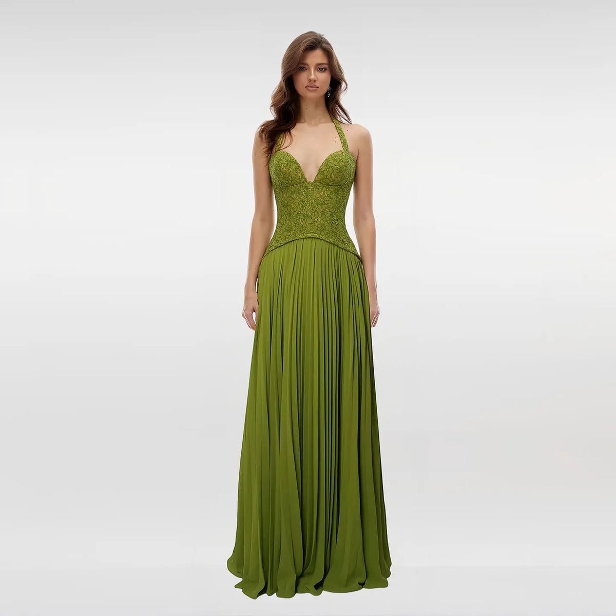 Luxury Green Halter Evening Dress with Lace Corset Bodice SF419