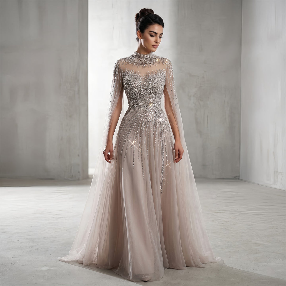 Luxury Blue High Neck Beaded Evening Dress with Cape Sleeve SS134 