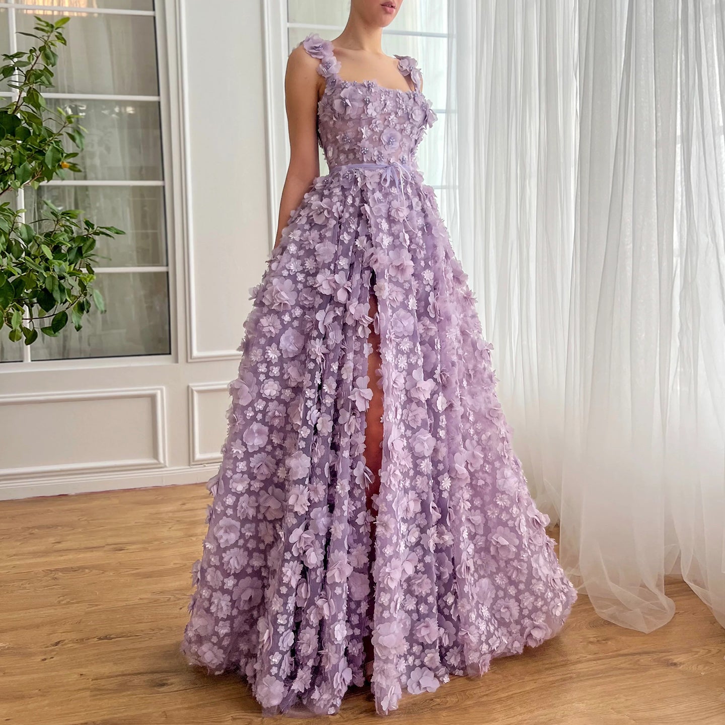 Chic Lilac 3D Embroidered Flowers Slit Evening Dress SS357 SHARONSAID