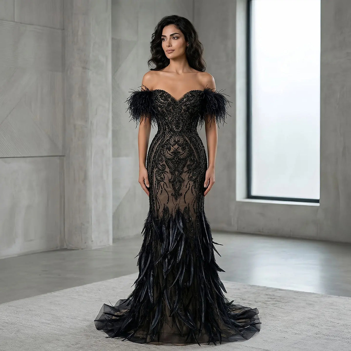 Glamorous Black Beaded Off-the-Shoulder Feather Mermaid Evening Dress SHARONSAID Glamorous Black Beaded Off-the-Shoulder Feather Mermaid Evening Dress SHARONSAID