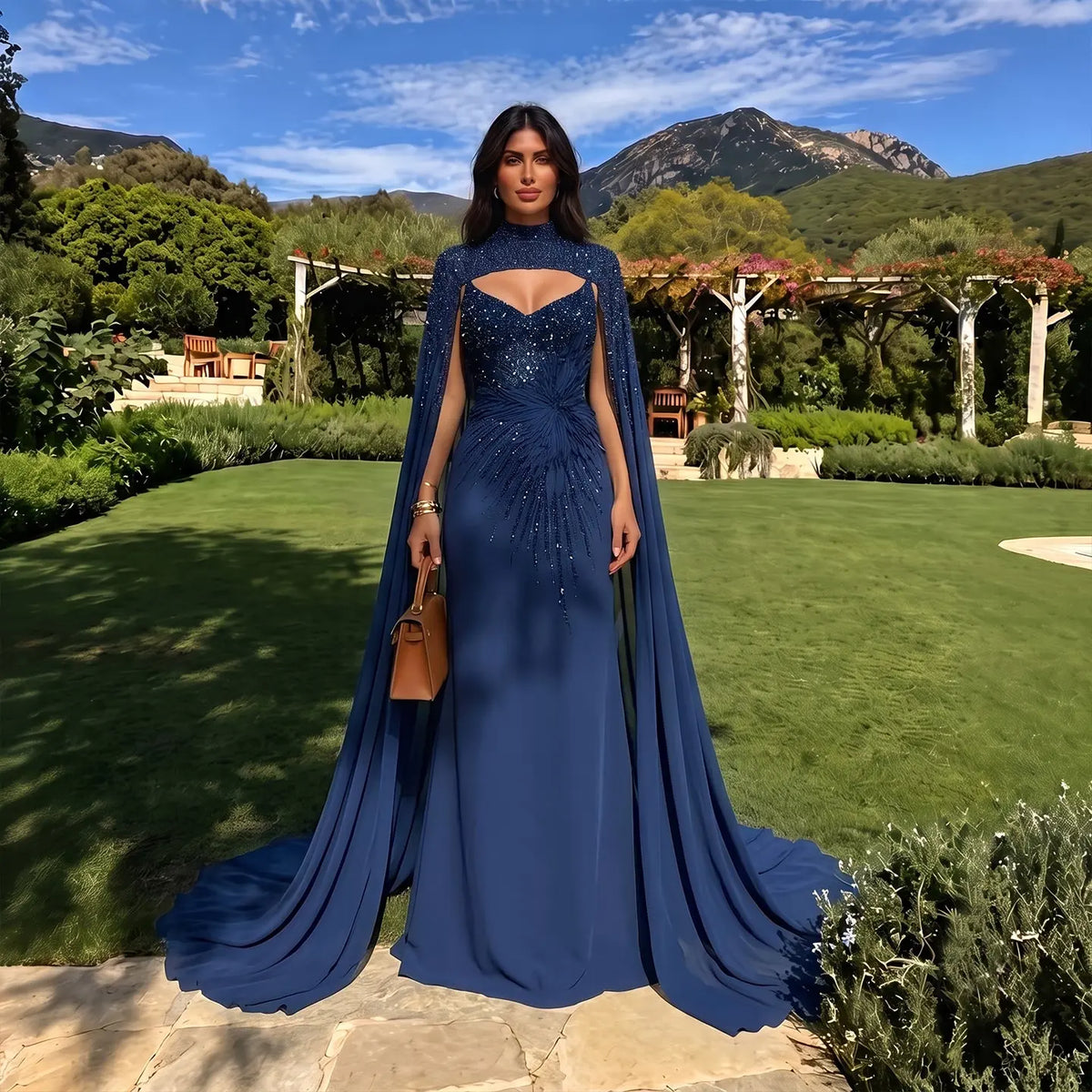 Navy Blue Beaded Cape Sleeve Cutout Formal Evening Gown SS074