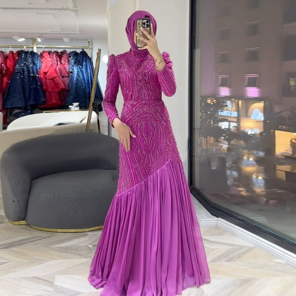 Luxury Magenta High Neck Beaded Hijab Arabic Evening Dress SS605 