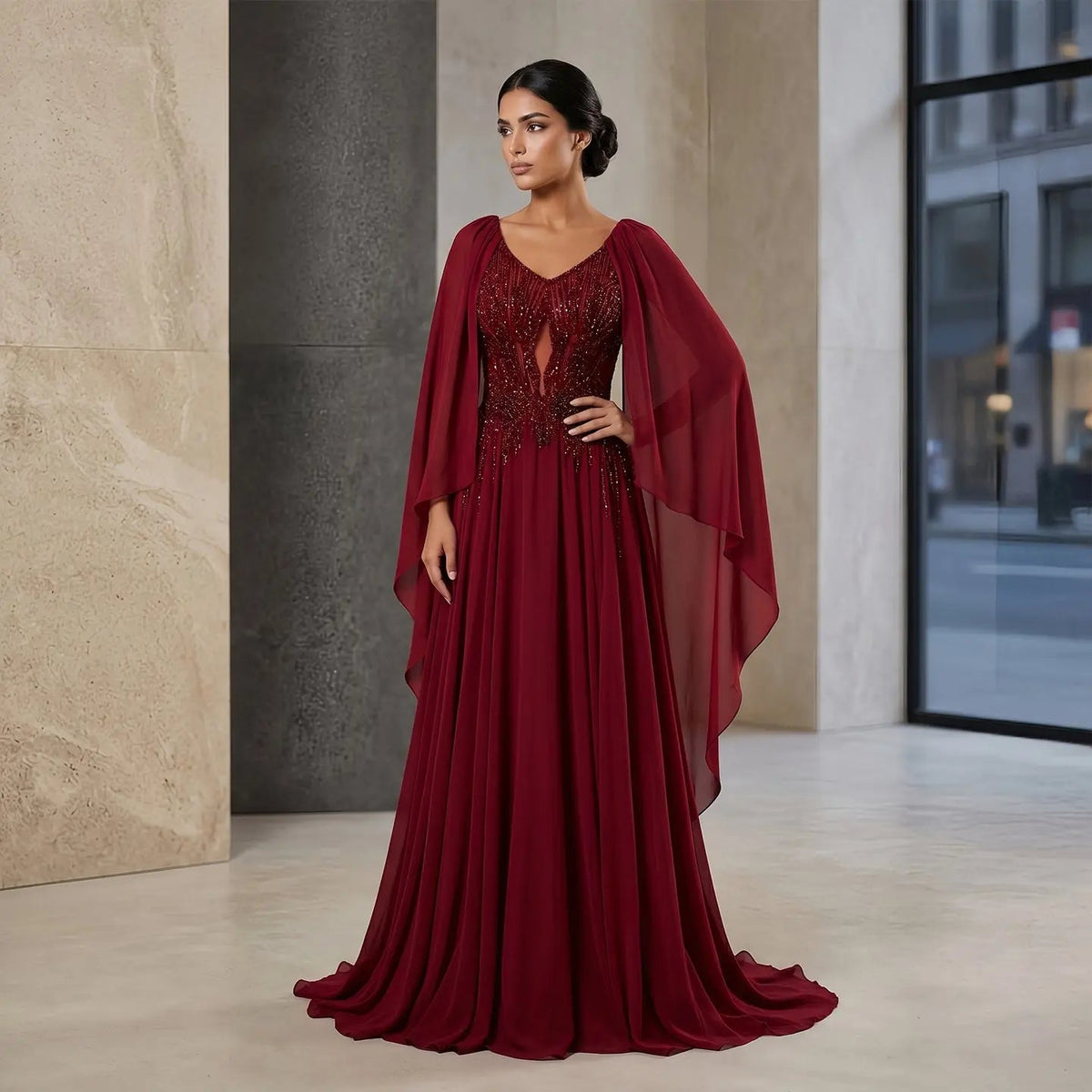 Luxury Purple V-Neck Beaded Chiffon Evening Dress with Cape Sleeves SS053 