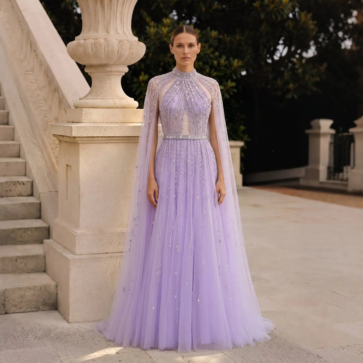 Luxury Beaded Evening Dress with Cape Sleeve SS495