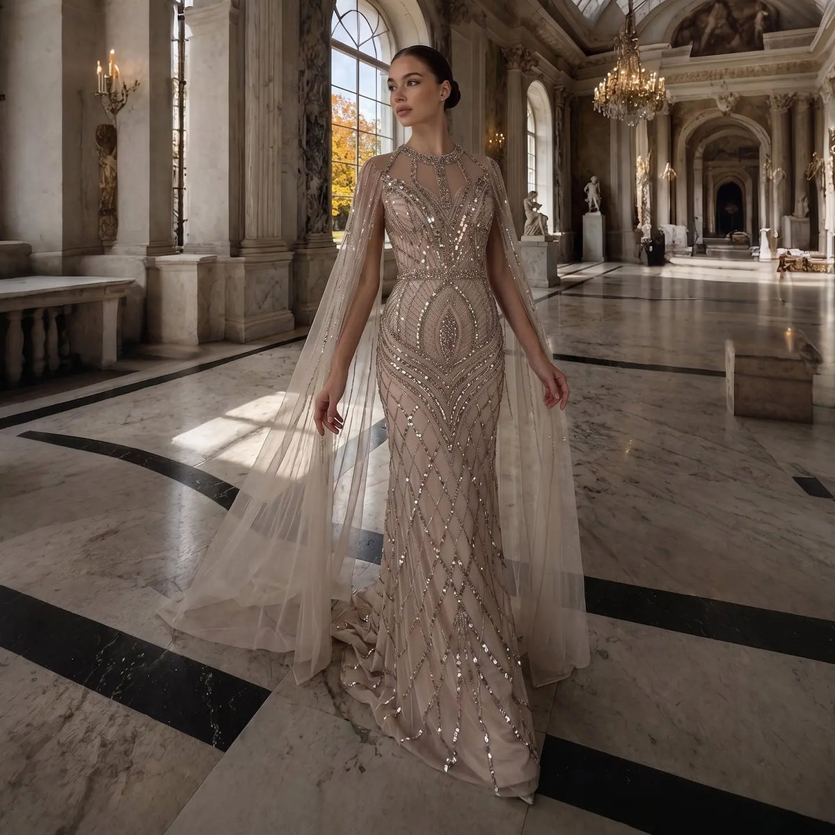 Romantic Dusty Pink Beaded Evening Dress with Sheer Cape Sleeves SS126