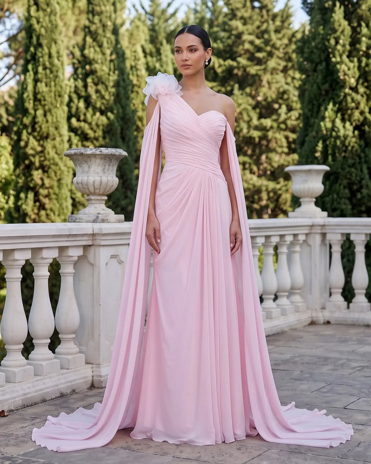 Pink Floral One Shoulder Chiffon Cape Evening Dress SF245