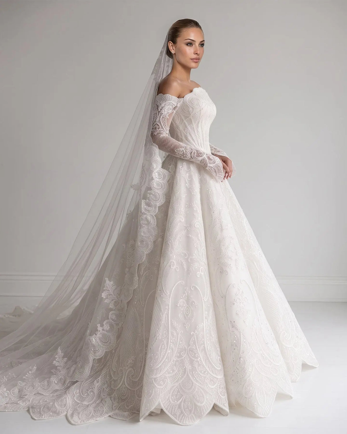 White Lace Long Sleeve Fitted Wedding Dress SW524