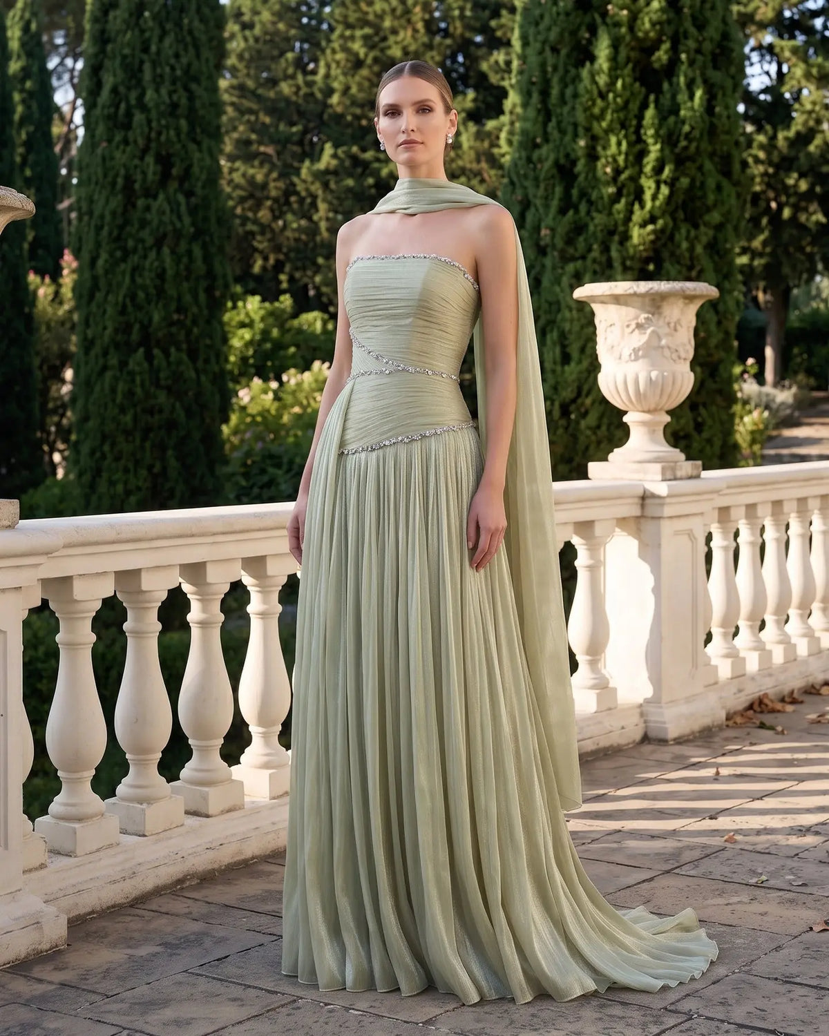 Green Pleated Cape Formal Evening Dress SF189