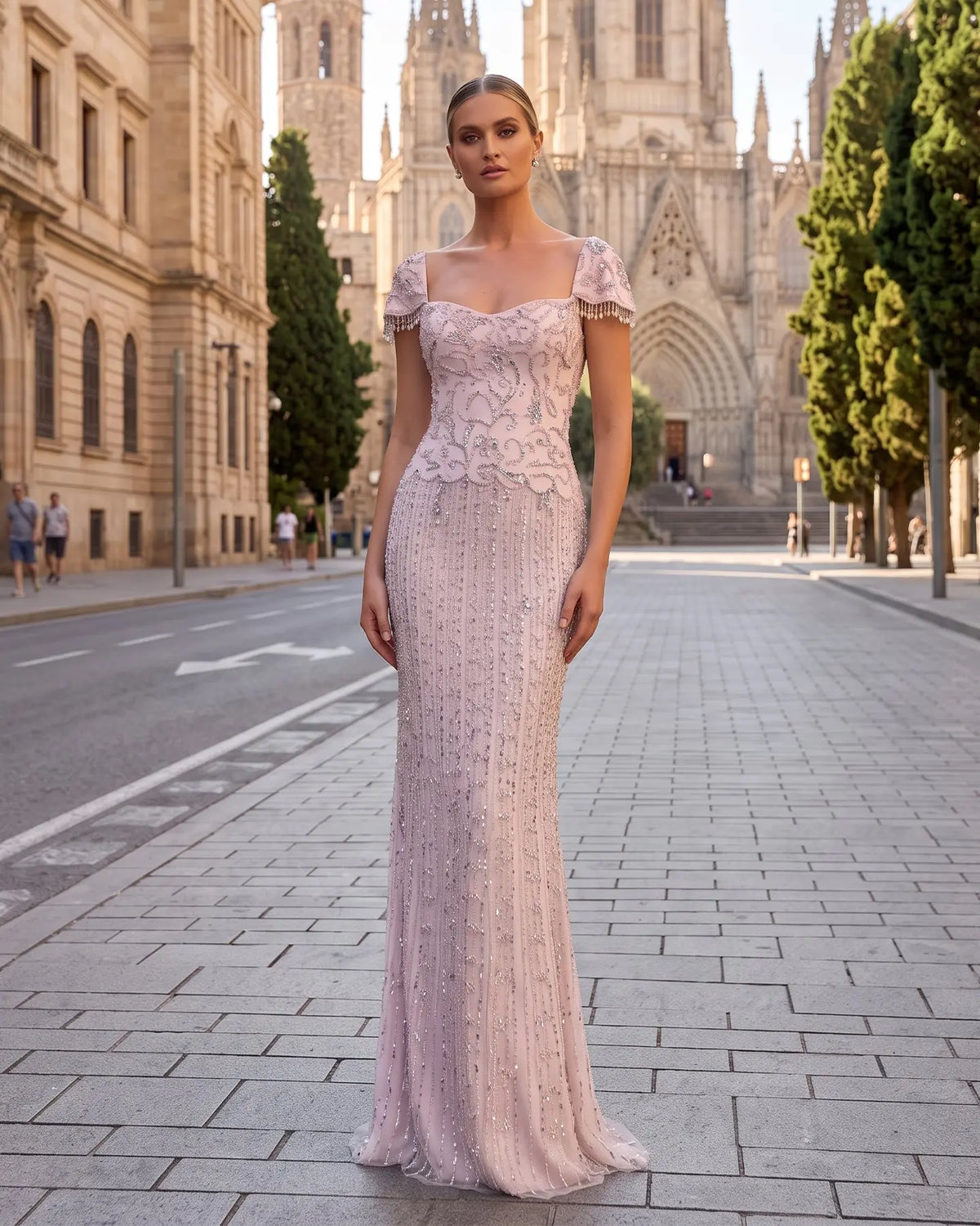 Pastel Pink Crystal Mermaid Evening Maxi Dress SS389